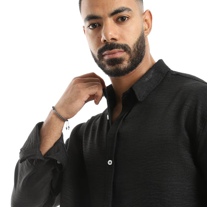 Long Sleeves Turned Down Collar Plain Button Closure Shirt