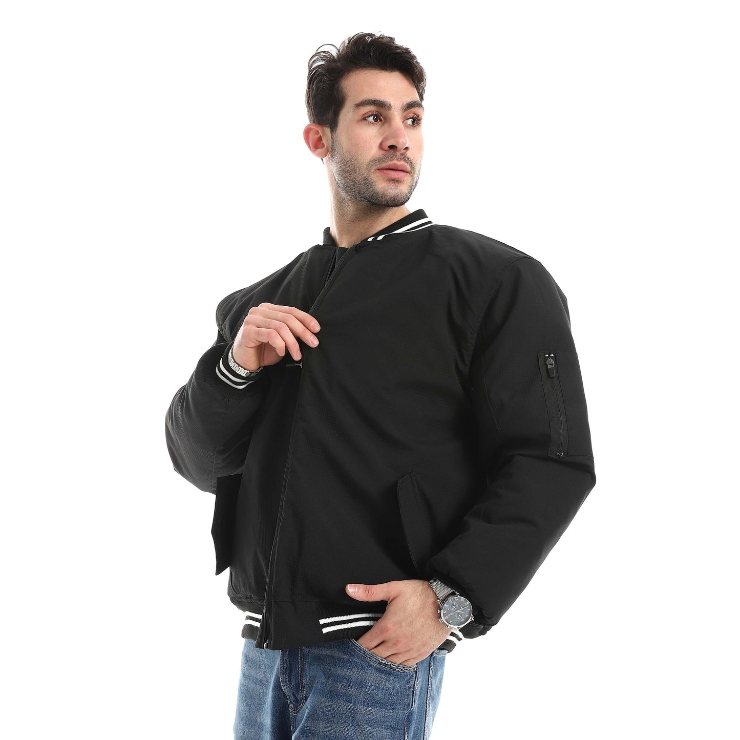 جاكيت مقاوم للماء بسحاب وياقة مخططة