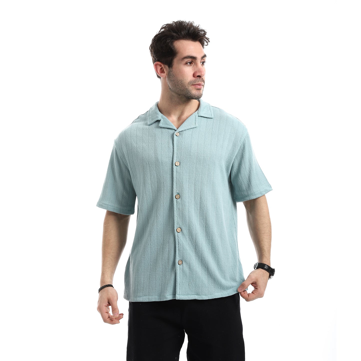 Short Sleeves Ribbed Button Closure Shirt
