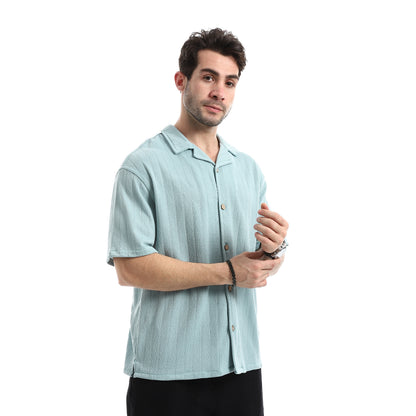 Short Sleeves Ribbed Button Closure Shirt