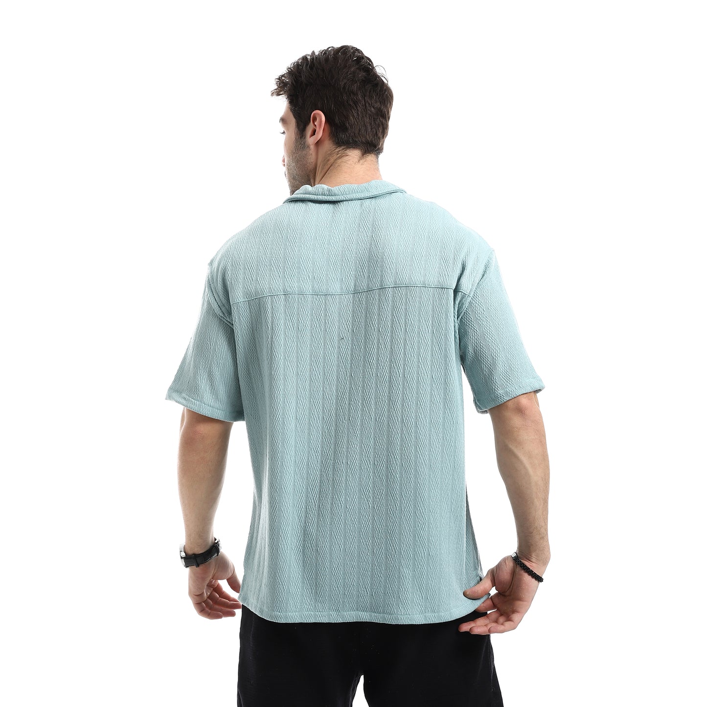 Short Sleeves Ribbed Button Closure Shirt