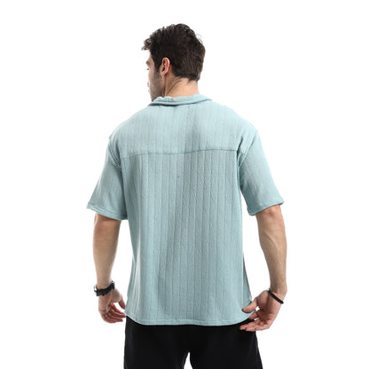 Short Sleeves Ribbed Button Closure Shirt