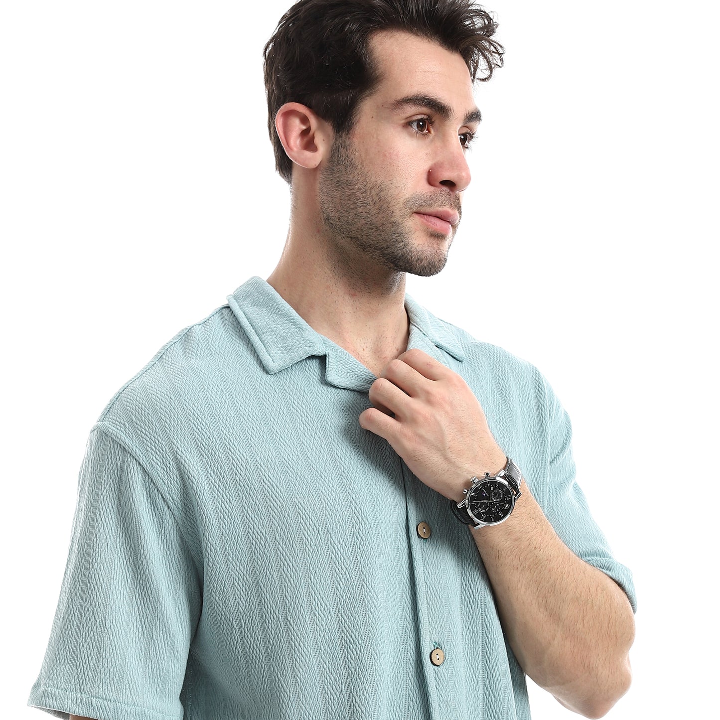 Short Sleeves Ribbed Button Closure Shirt