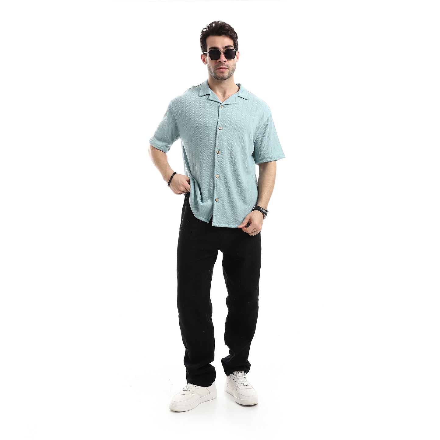 Short Sleeves Ribbed Button Closure Shirt