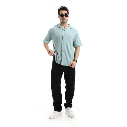 Short Sleeves Ribbed Button Closure Shirt