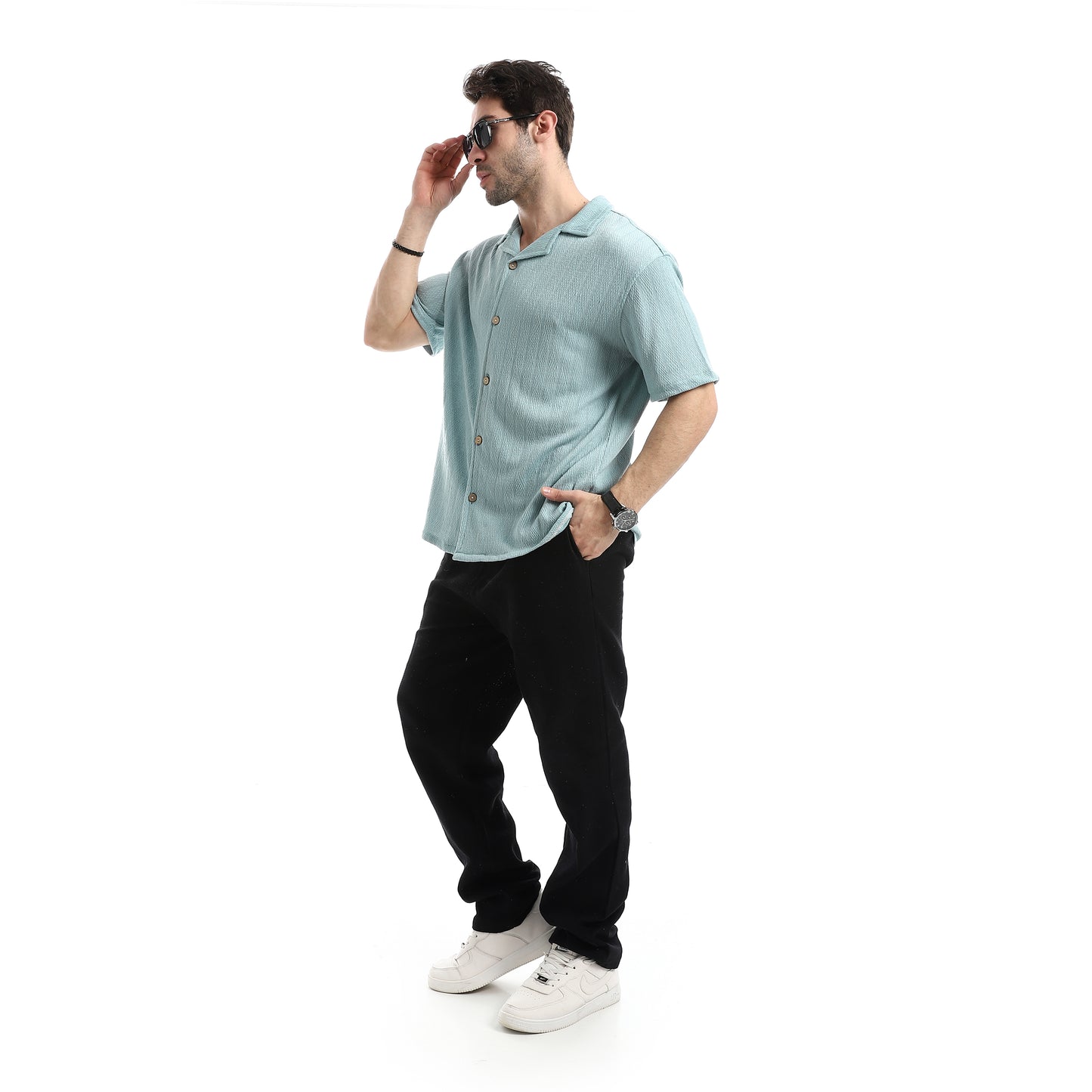Short Sleeves Ribbed Button Closure Shirt
