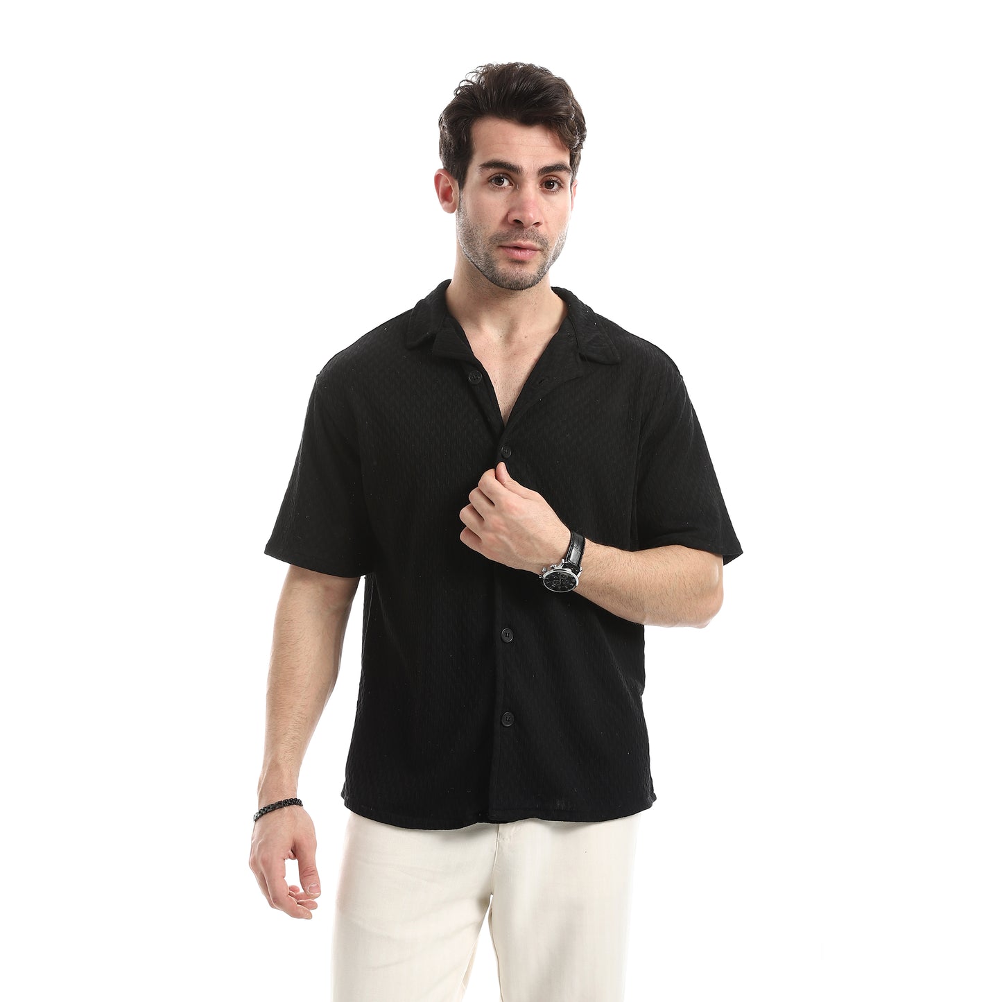Short Sleeves Ribbed Button Closure Shirt