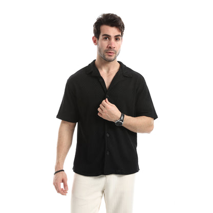 Short Sleeves Ribbed Button Closure Shirt