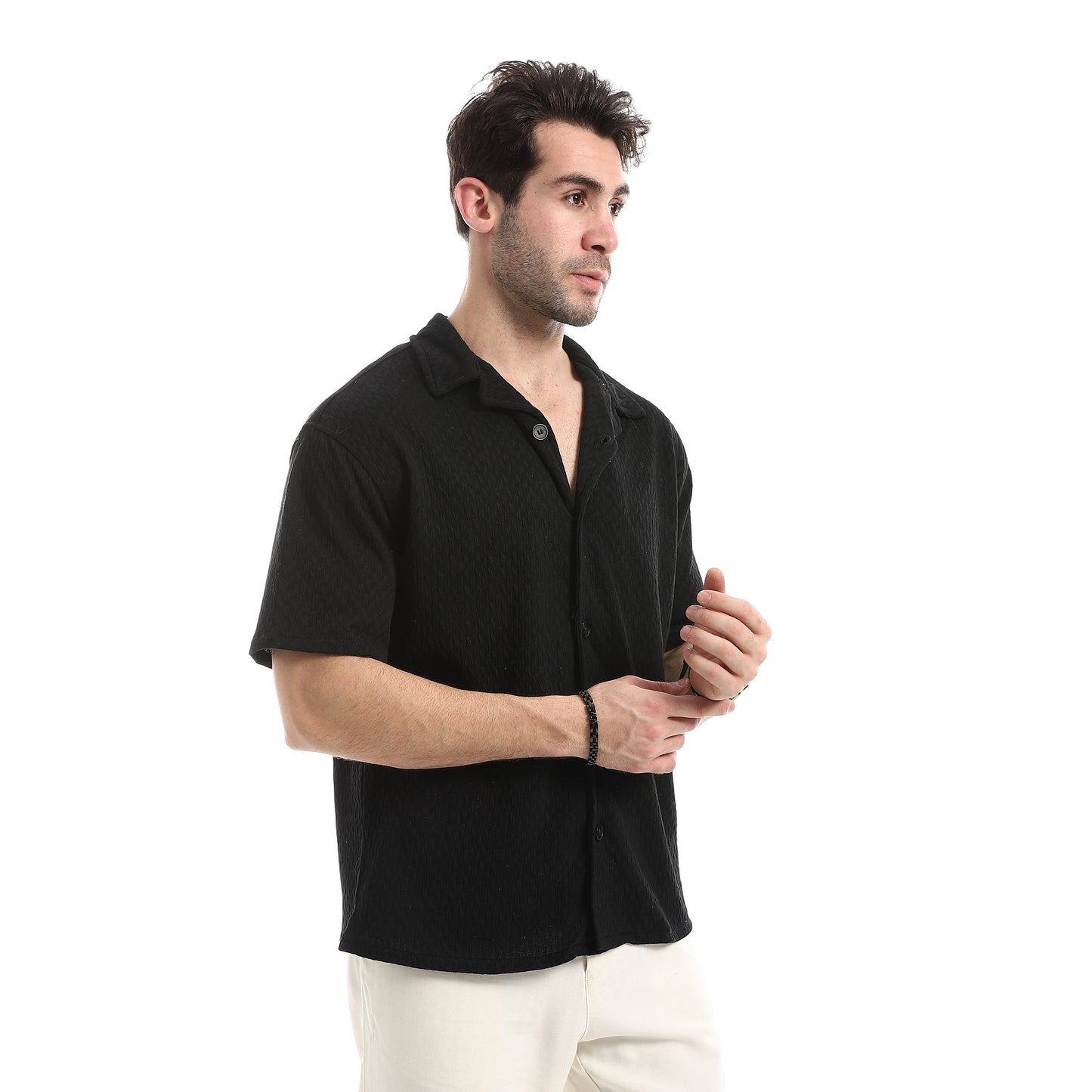 Short Sleeves Ribbed Button Closure Shirt