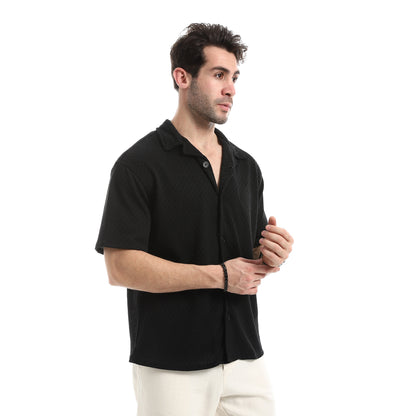 Short Sleeves Ribbed Button Closure Shirt