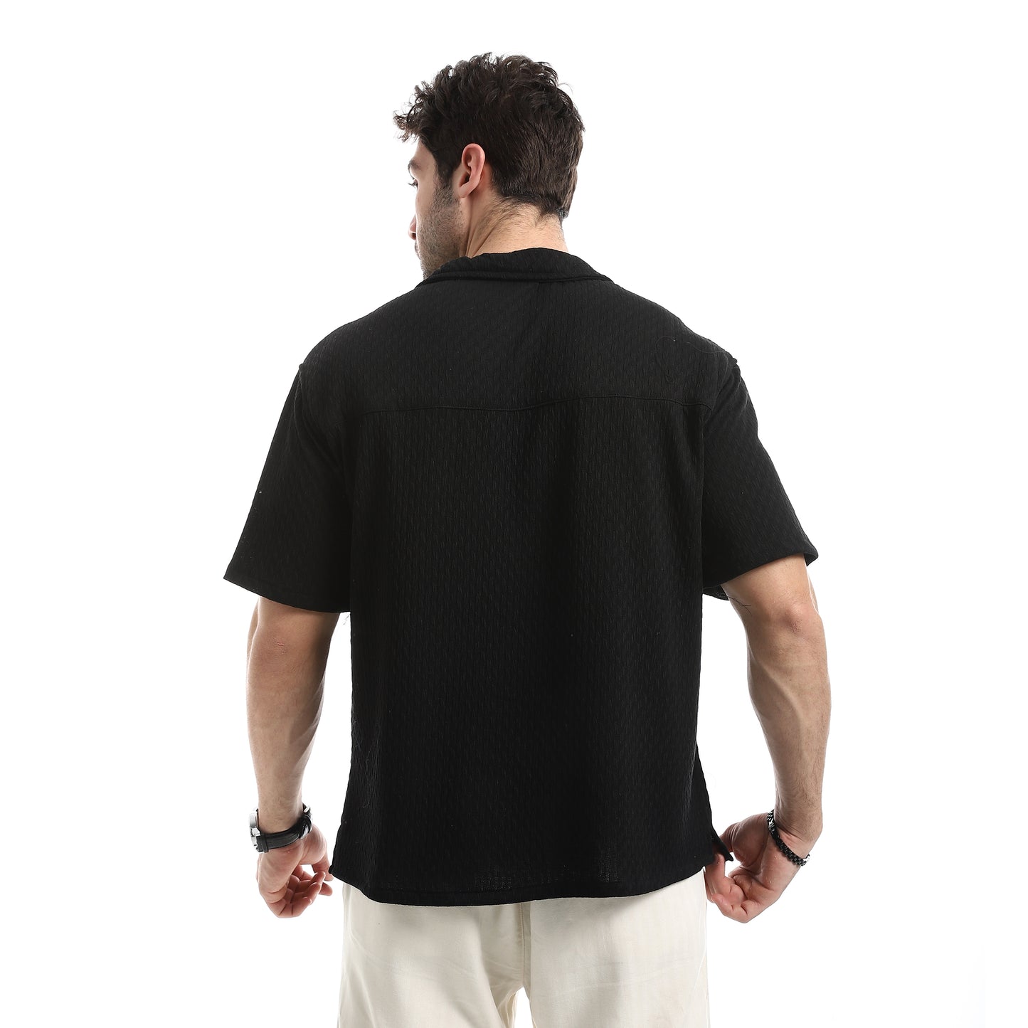 Short Sleeves Ribbed Button Closure Shirt