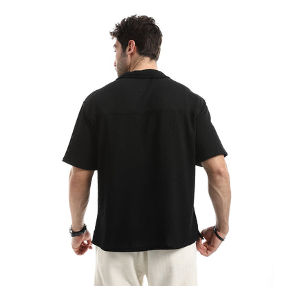 Short Sleeves Ribbed Button Closure Shirt
