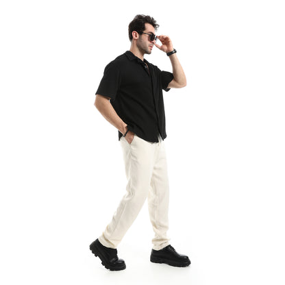 Short Sleeves Ribbed Button Closure Shirt
