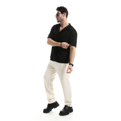 Short Sleeves Ribbed Button Closure Shirt
