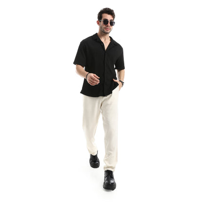 Short Sleeves Ribbed Button Closure Shirt
