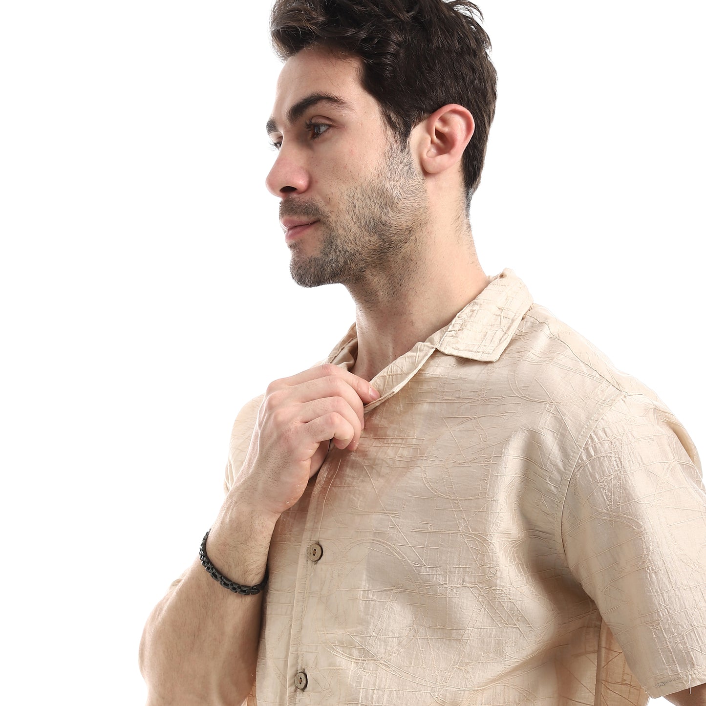 قميص كاجوال بأكمام قصيرة بنمط جاكار منسوج