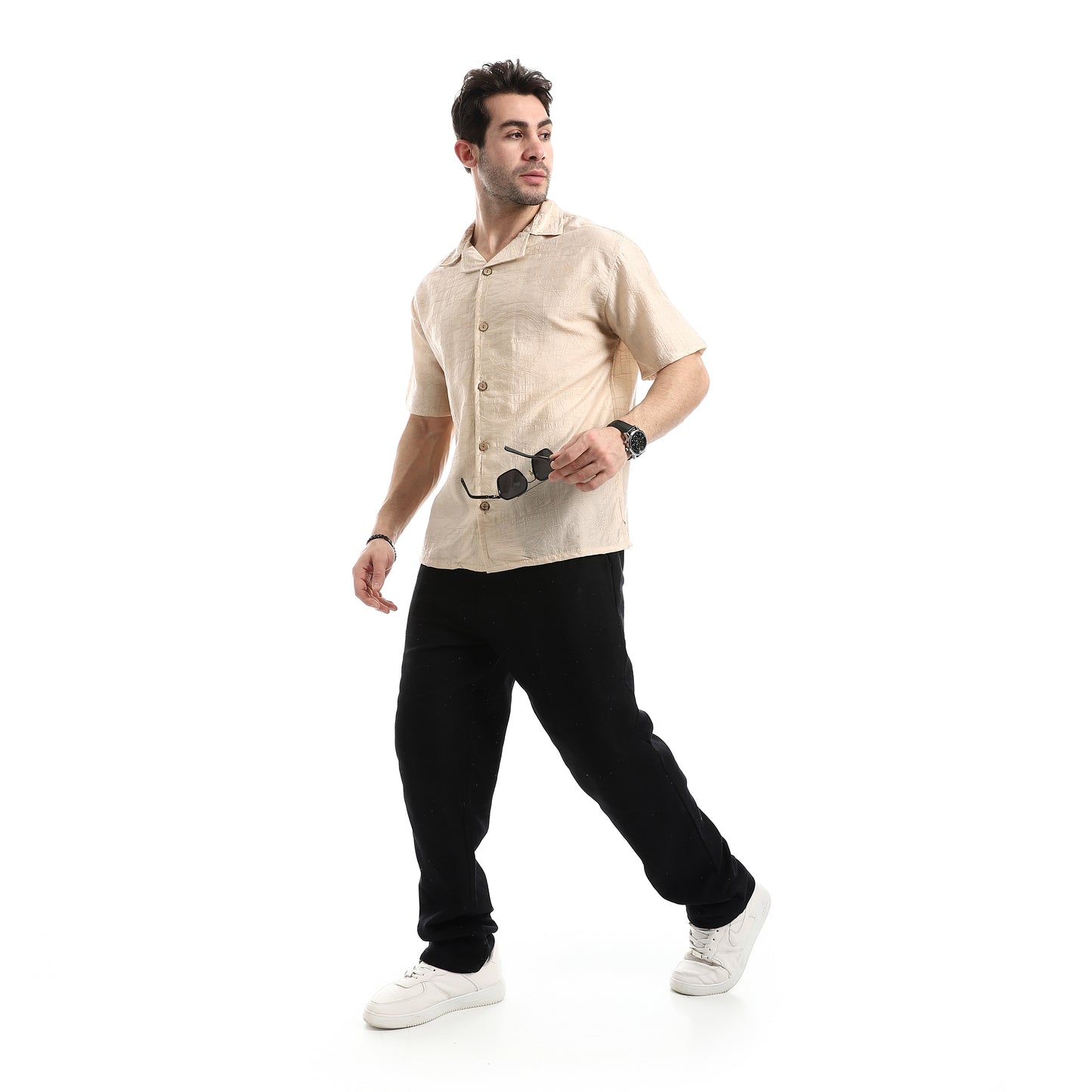 قميص كاجوال بأكمام قصيرة بنمط جاكار منسوج