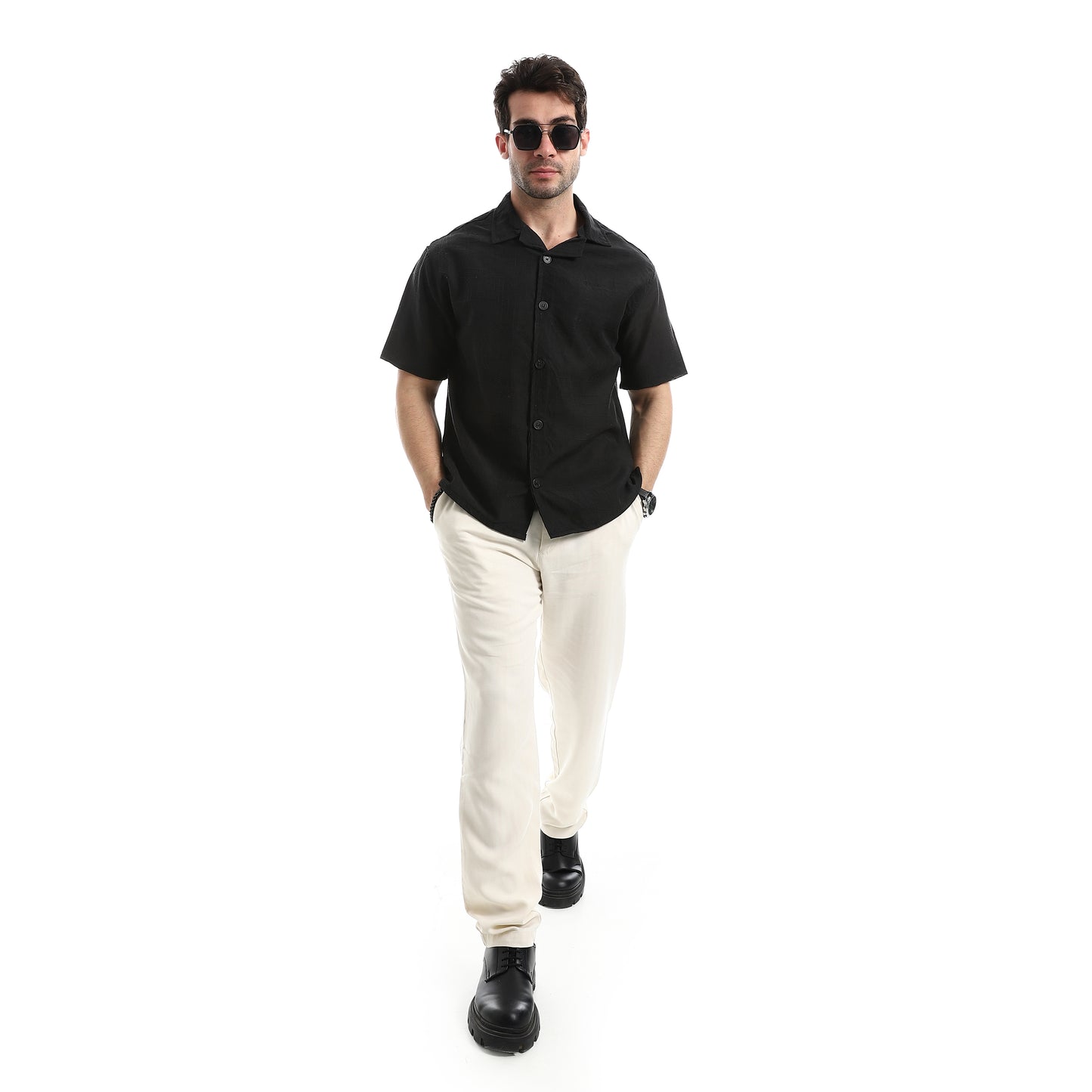 قميص كاجوال بأكمام قصيرة بنمط جاكار منسوج