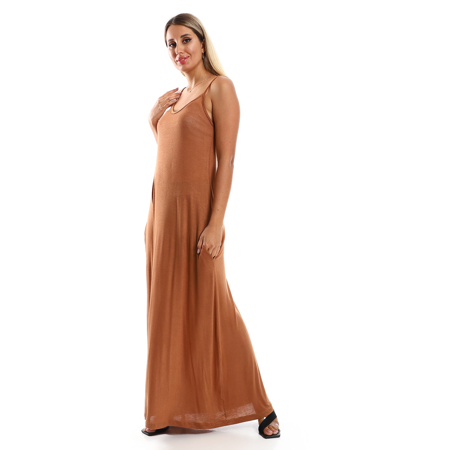 Jamila Women Spaghetti Sleeves Long Dress with Side Pockets
