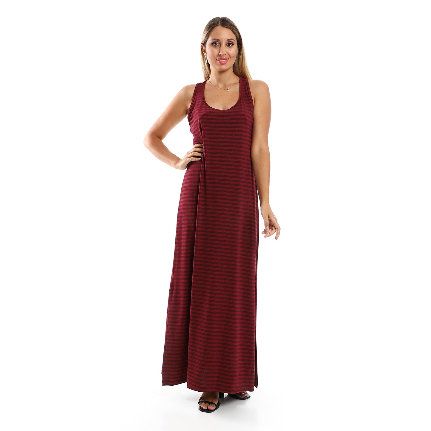 Jamila Women Striped Sleeveless Long Dress With Side Slits
