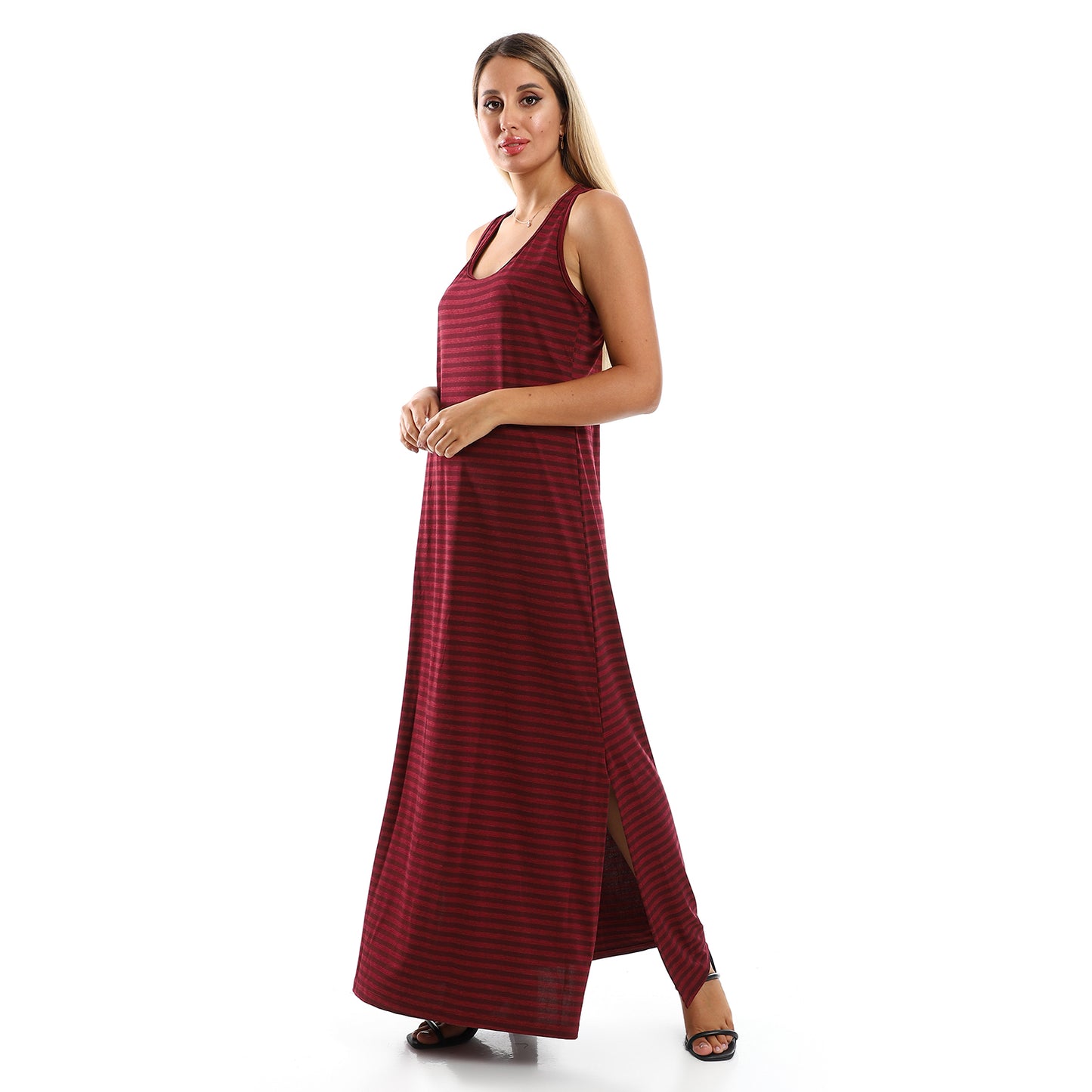 Jamila Women Striped Sleeveless Long Dress With Side Slits