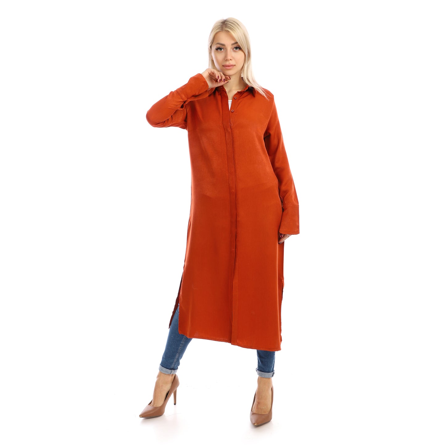 Jamila Women long sleeves soft satin buttoned shirt dress