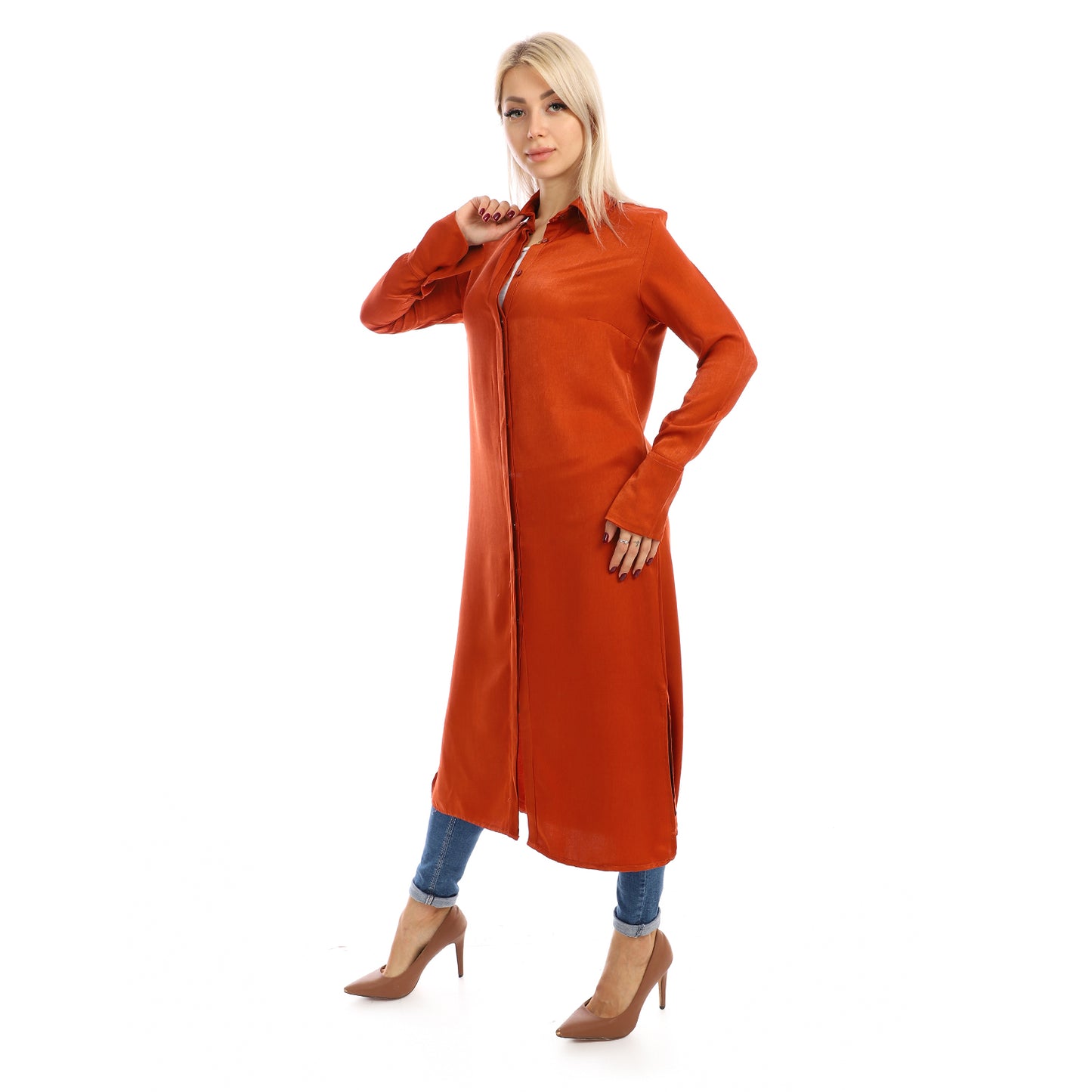 Jamila Women long sleeves soft satin buttoned shirt dress