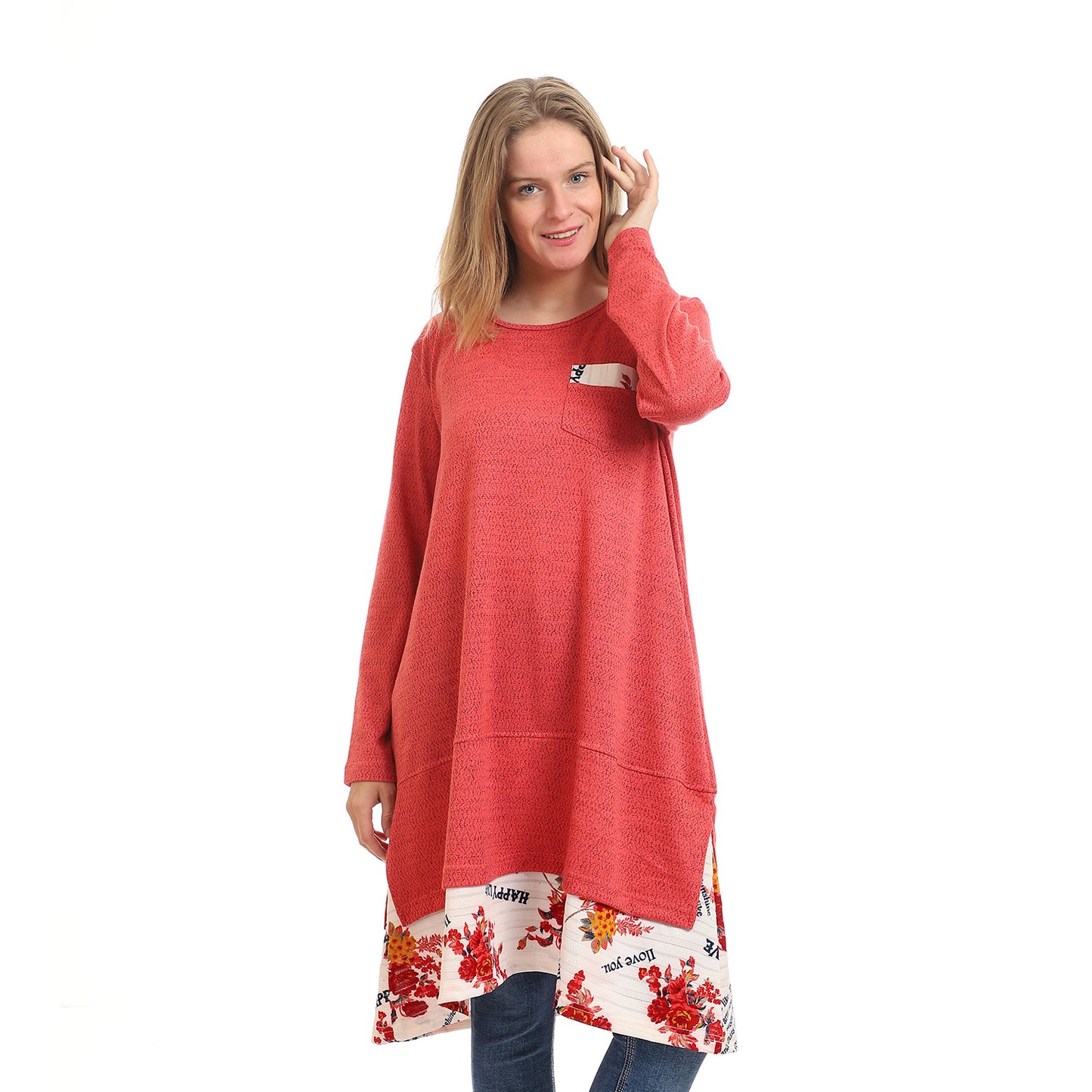 Kady-women-crew neck solid tunic top with floral trim