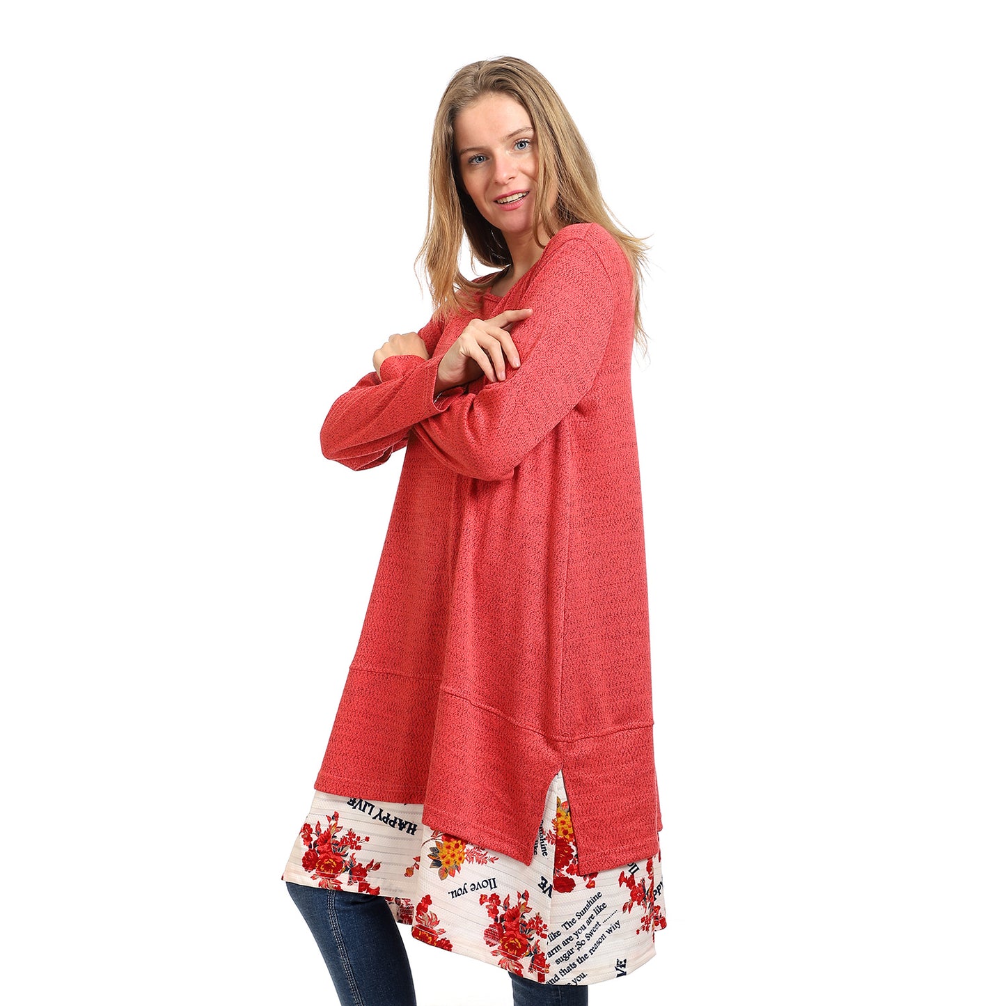 Kady-women-crew neck solid tunic top with floral trim