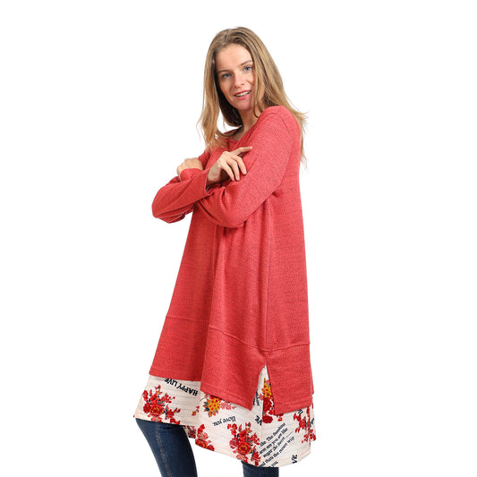 Kady-women-crew neck solid tunic top with floral trim