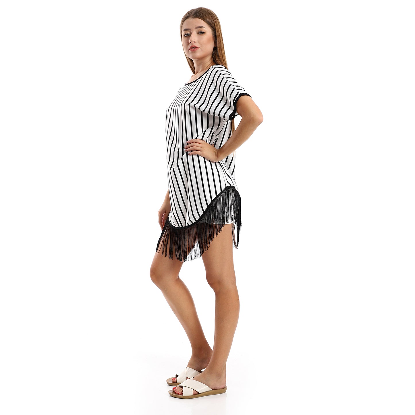 Jamila women deep open back striped tunic with decorated fringes