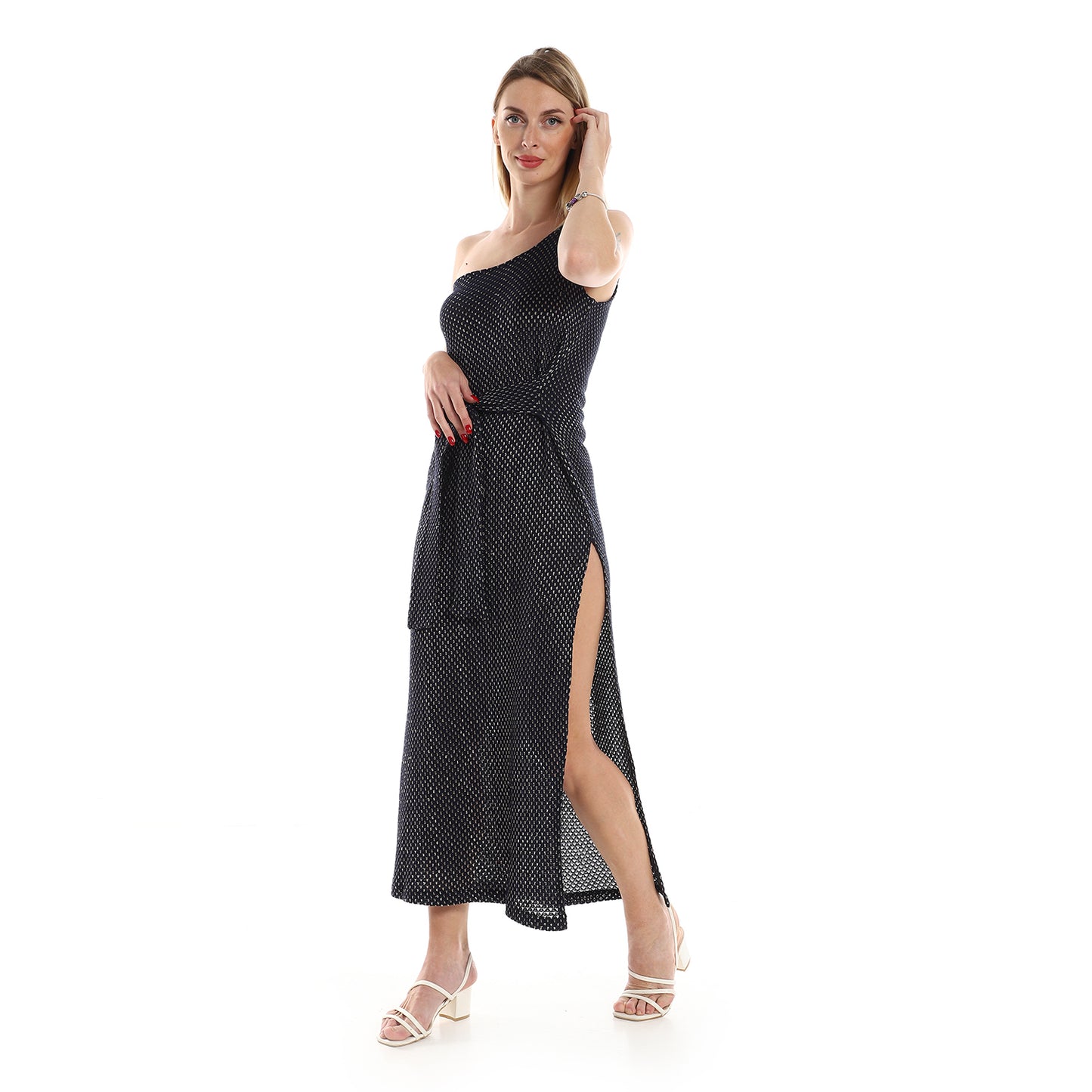 Jamila women one shoulder knitted pattern casual dress with decorated belt