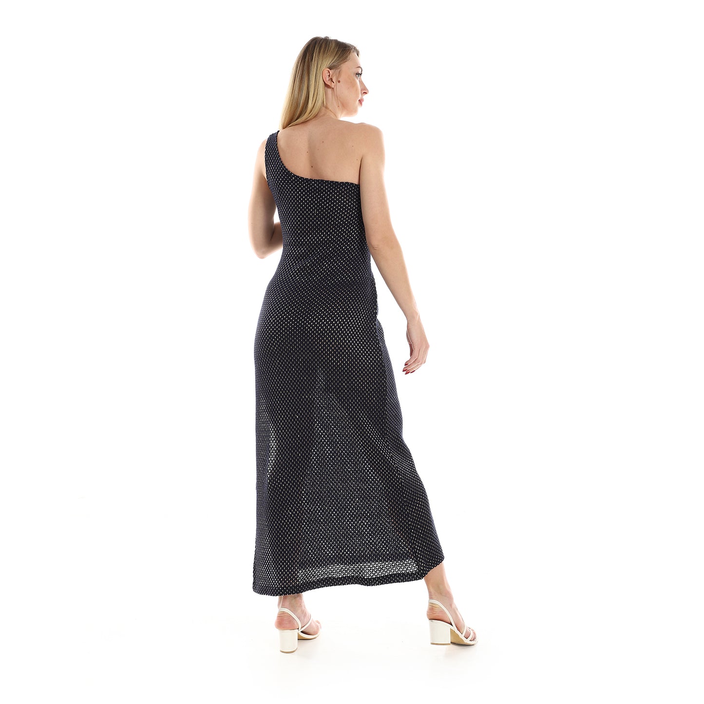 Jamila women one shoulder knitted pattern casual dress with decorated belt