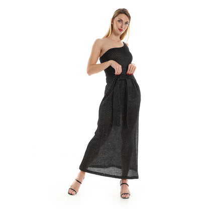 Jamila women one shoulder knitted pattern casual dress with decorated belt