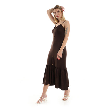 Jamila Women Spaghetti Sleeves Knitted Pattern Casual Dress With Decorative Buttons