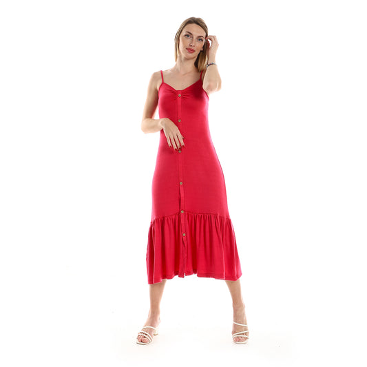 Jamila Women Spaghetti Sleeves Knitted Pattern Casual Dress With Decorative Buttons