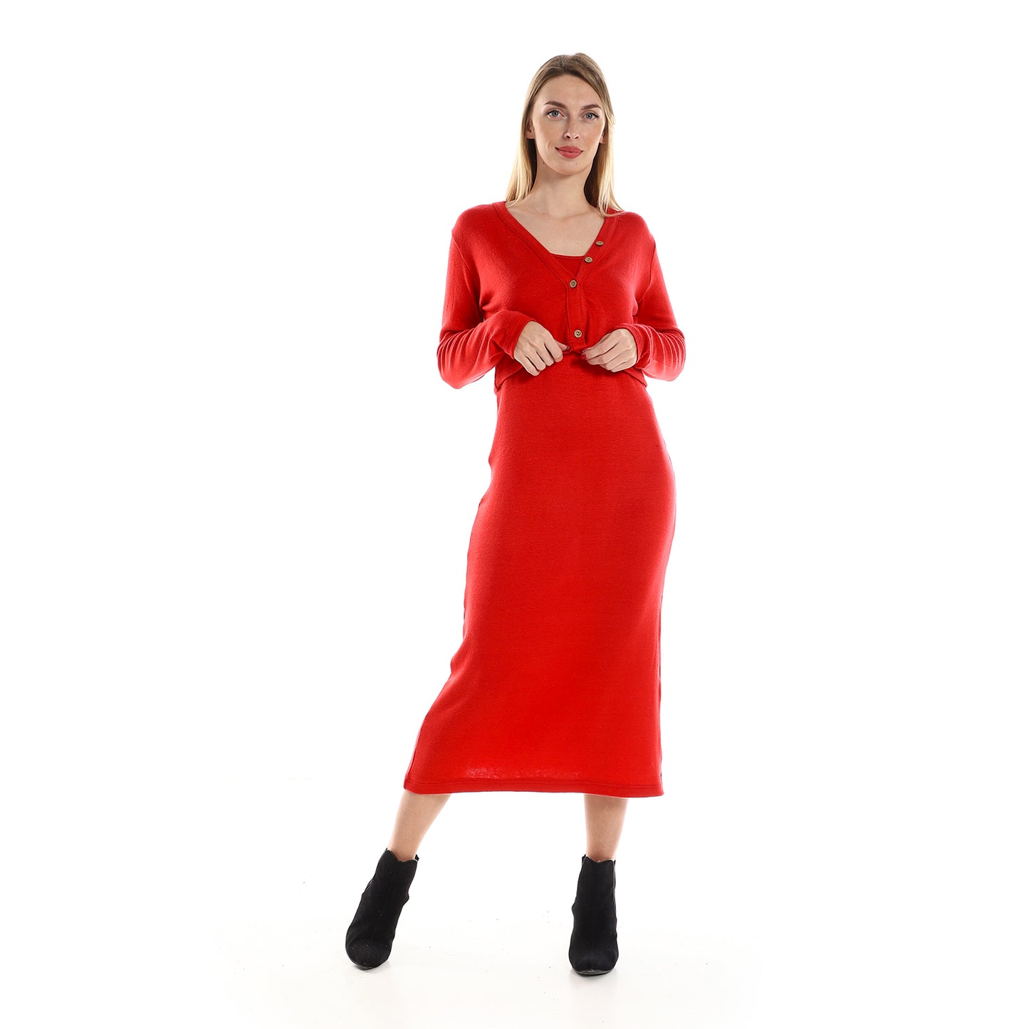 فستان جميلا النسائي بأكمام رفيعة مع كارديجان بوليرو بأكمام طويلة مقصوصة