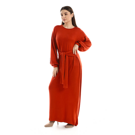 Jamila Women Balloon Long Sleeves Plain Dress With Waist Lace Up