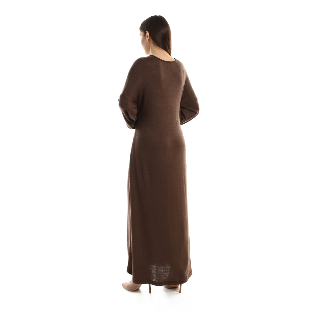 فستان جميلا نسائي سادة بأكمام طويلة مع رباط على الخصر