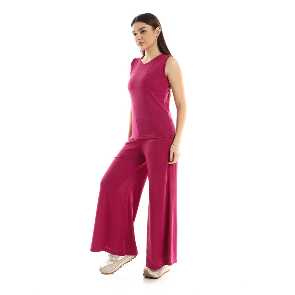 جميلة - توب نسائي بدون أكمام بجيوب جانبية مع بنطلون سادة واسع