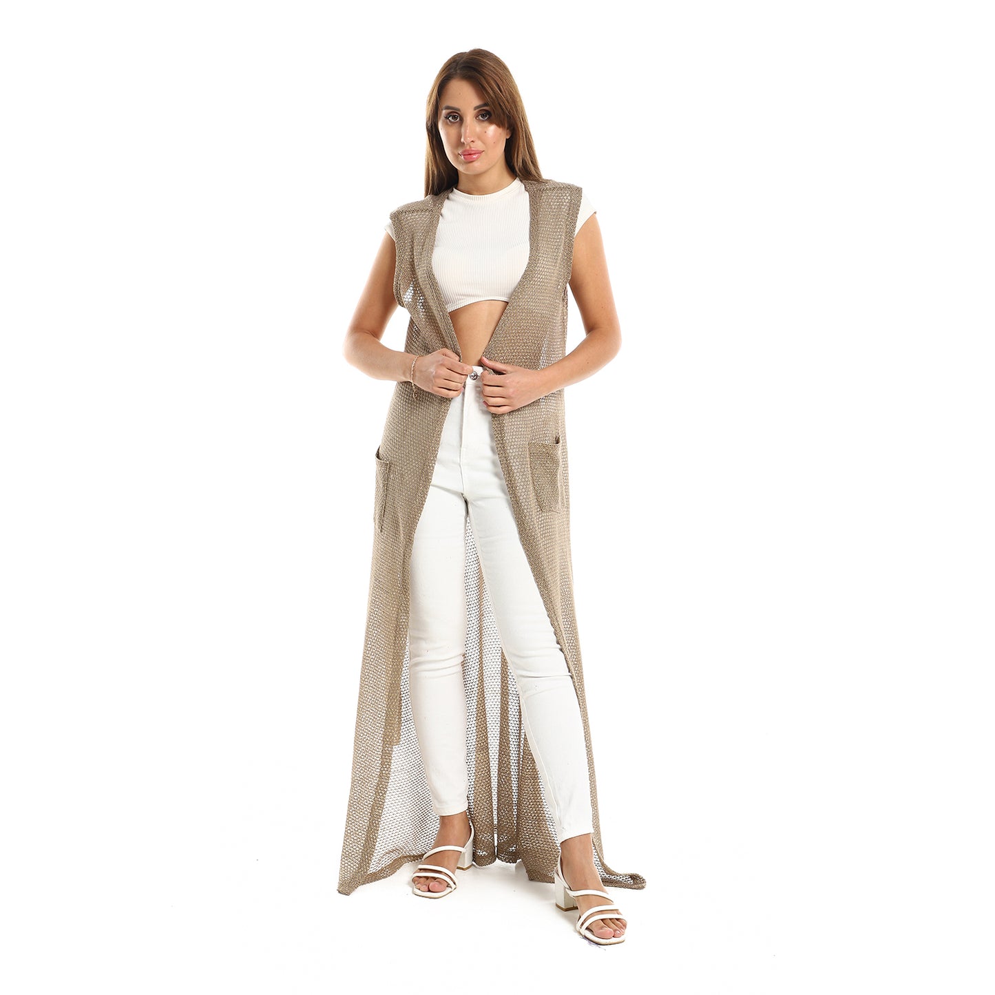 Jamila women sleeveless perforated long cardigan