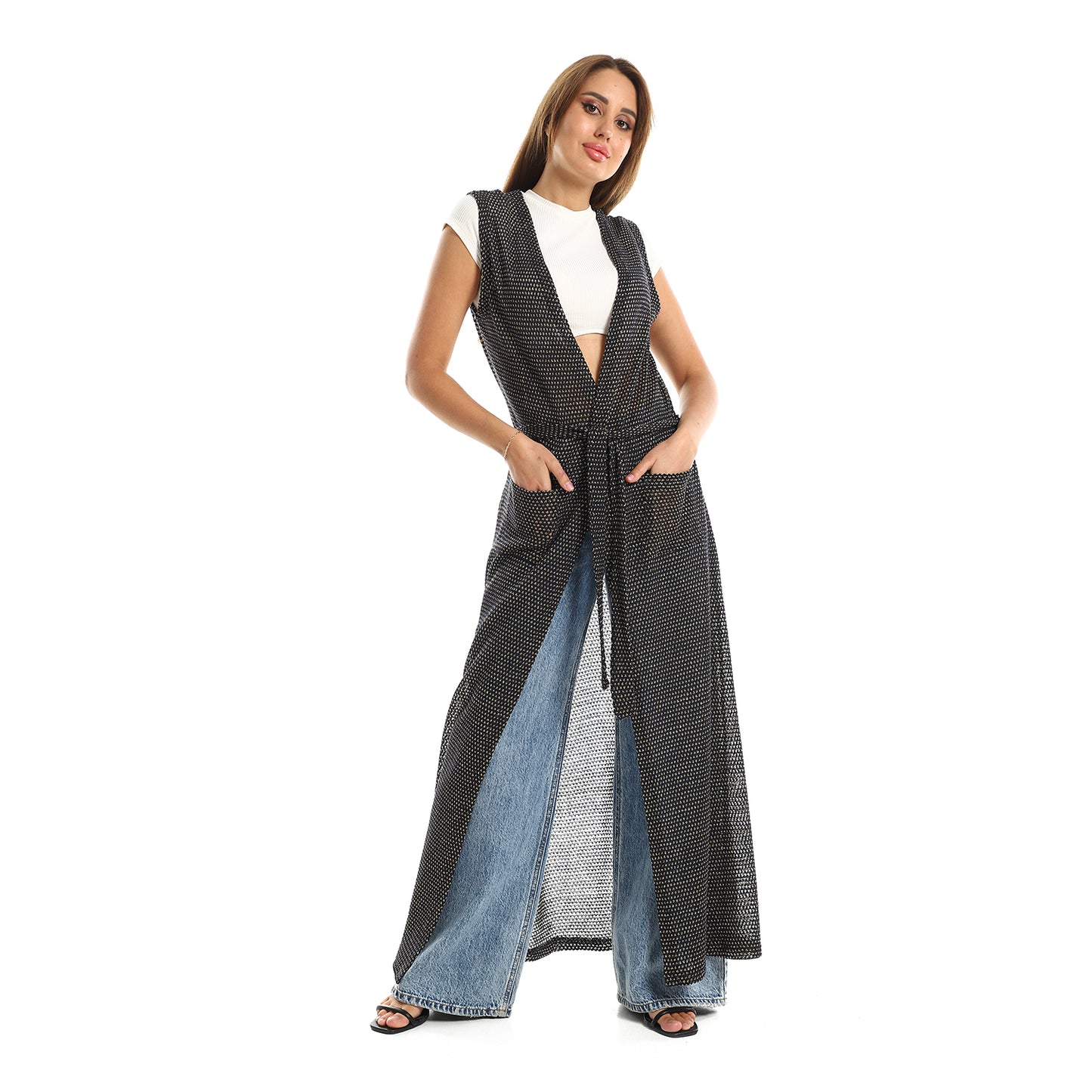 Jamila women sleeveless perforated long cardigan