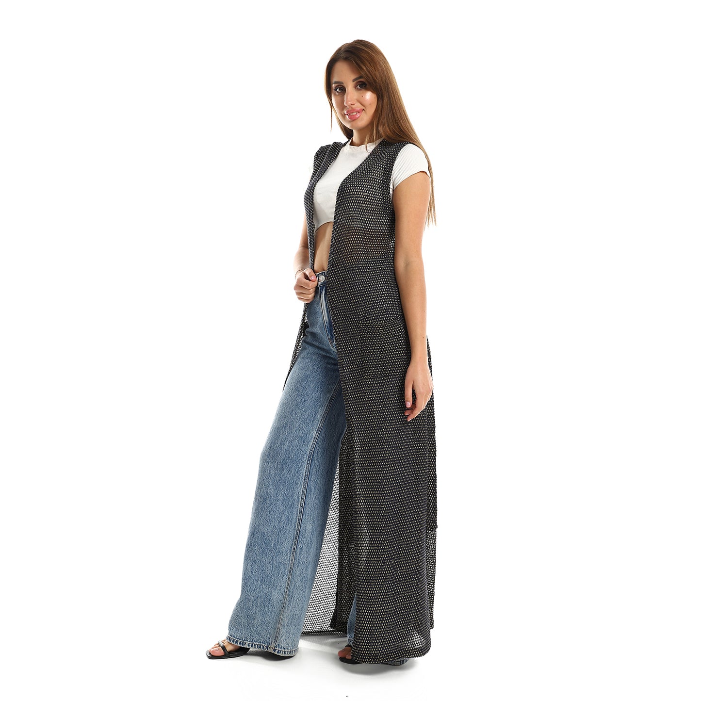 Jamila women sleeveless perforated long cardigan