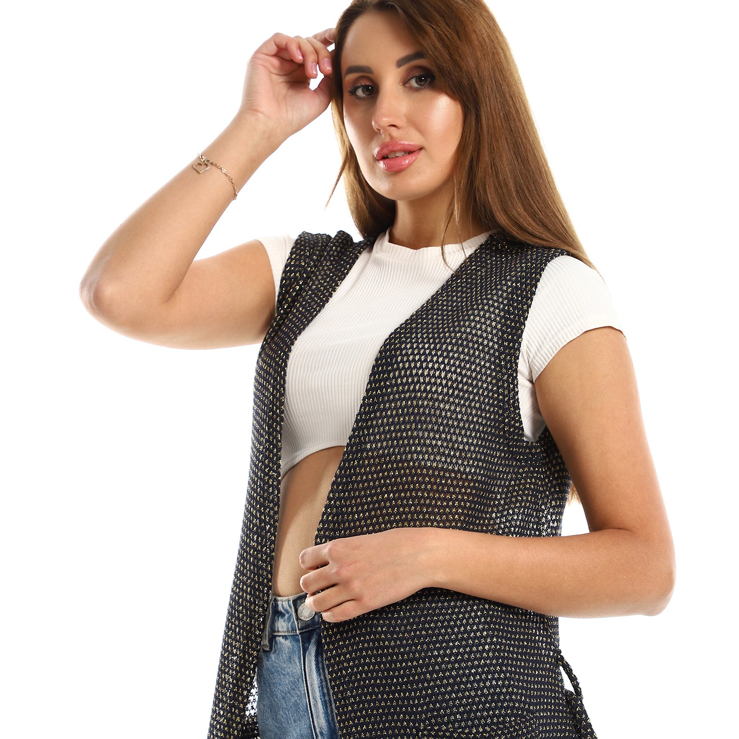 Jamila women sleeveless perforated long cardigan
