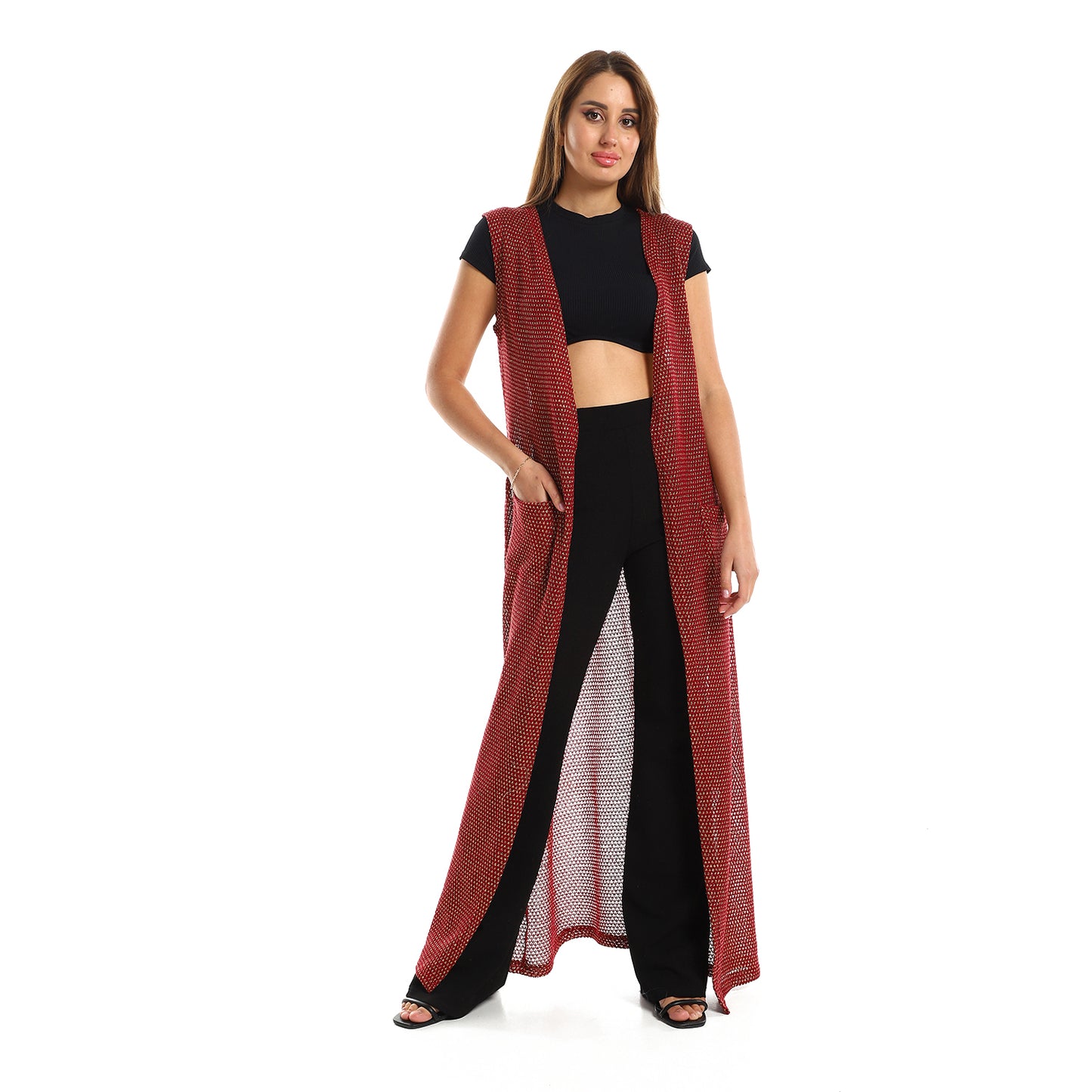 Jamila women sleeveless perforated long cardigan