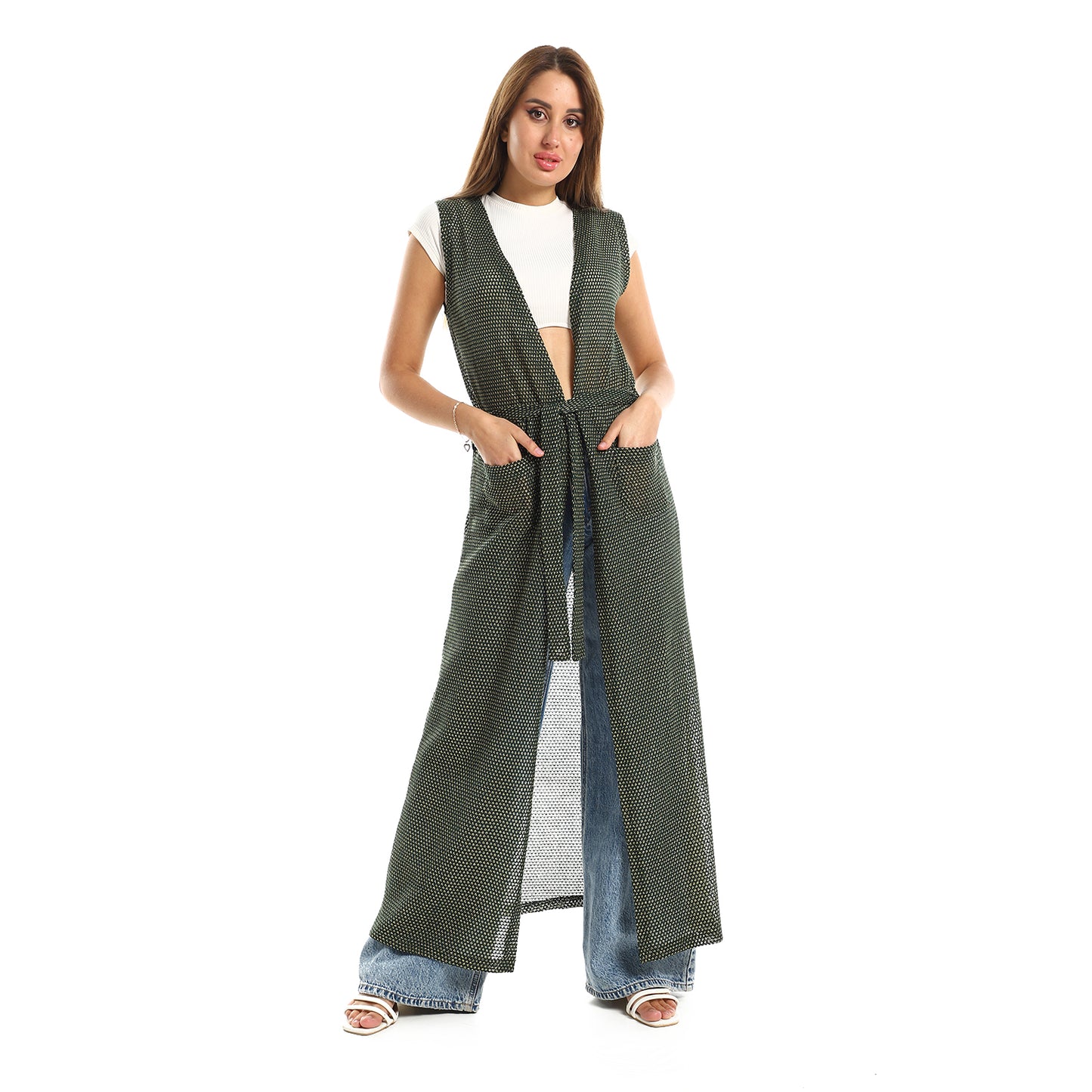 Jamila women sleeveless perforated long cardigan