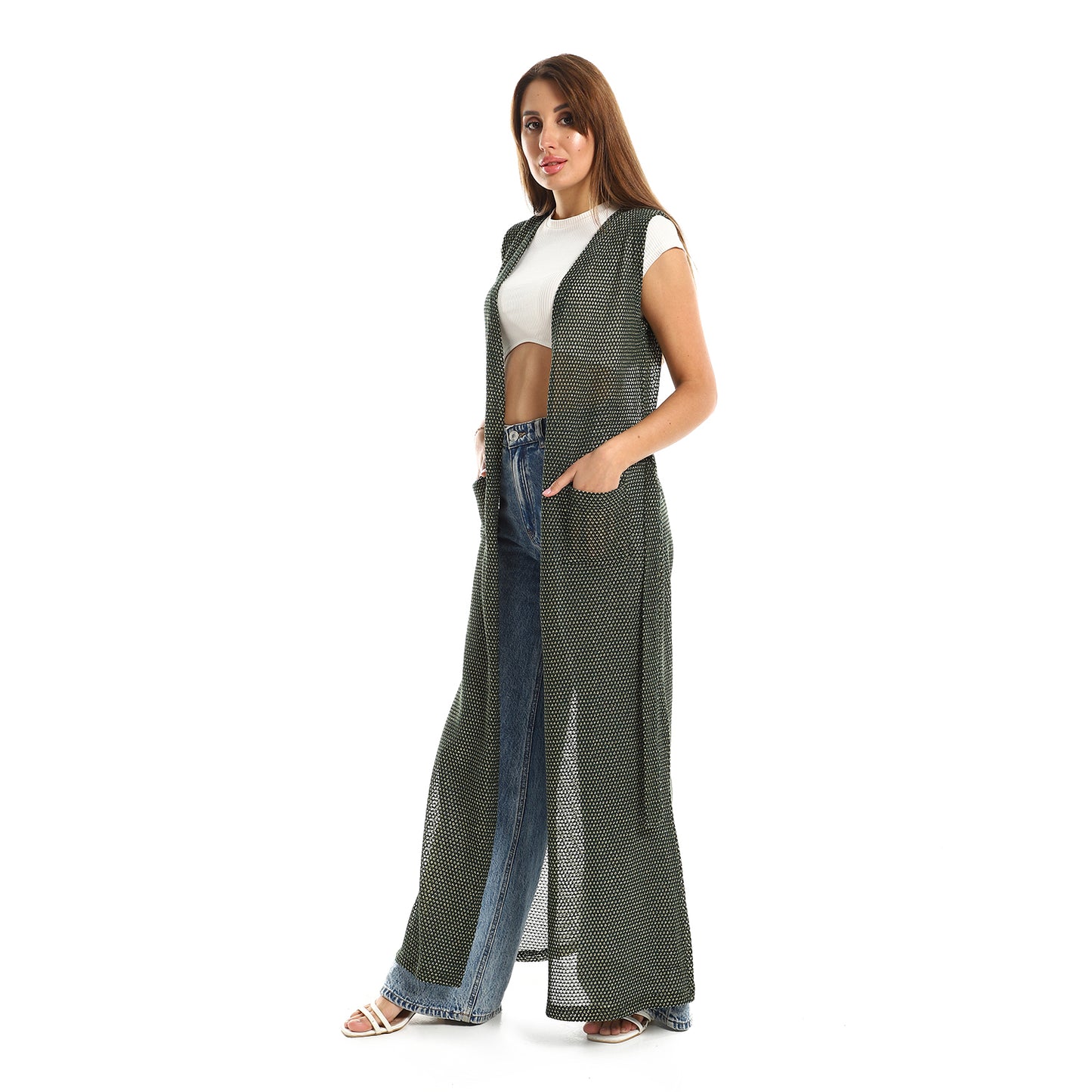 Jamila women sleeveless perforated long cardigan