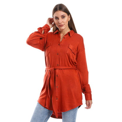 Long Sleeves Buttons Down Closure Belted Shirt