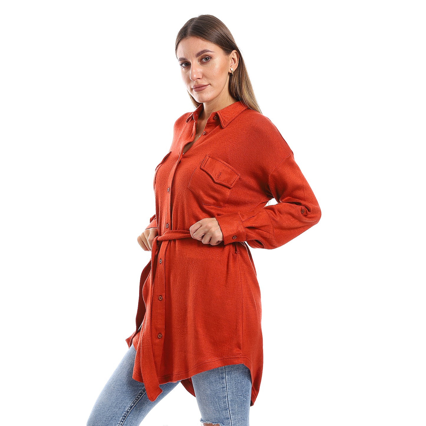 Long Sleeves Buttons Down Closure Belted Shirt