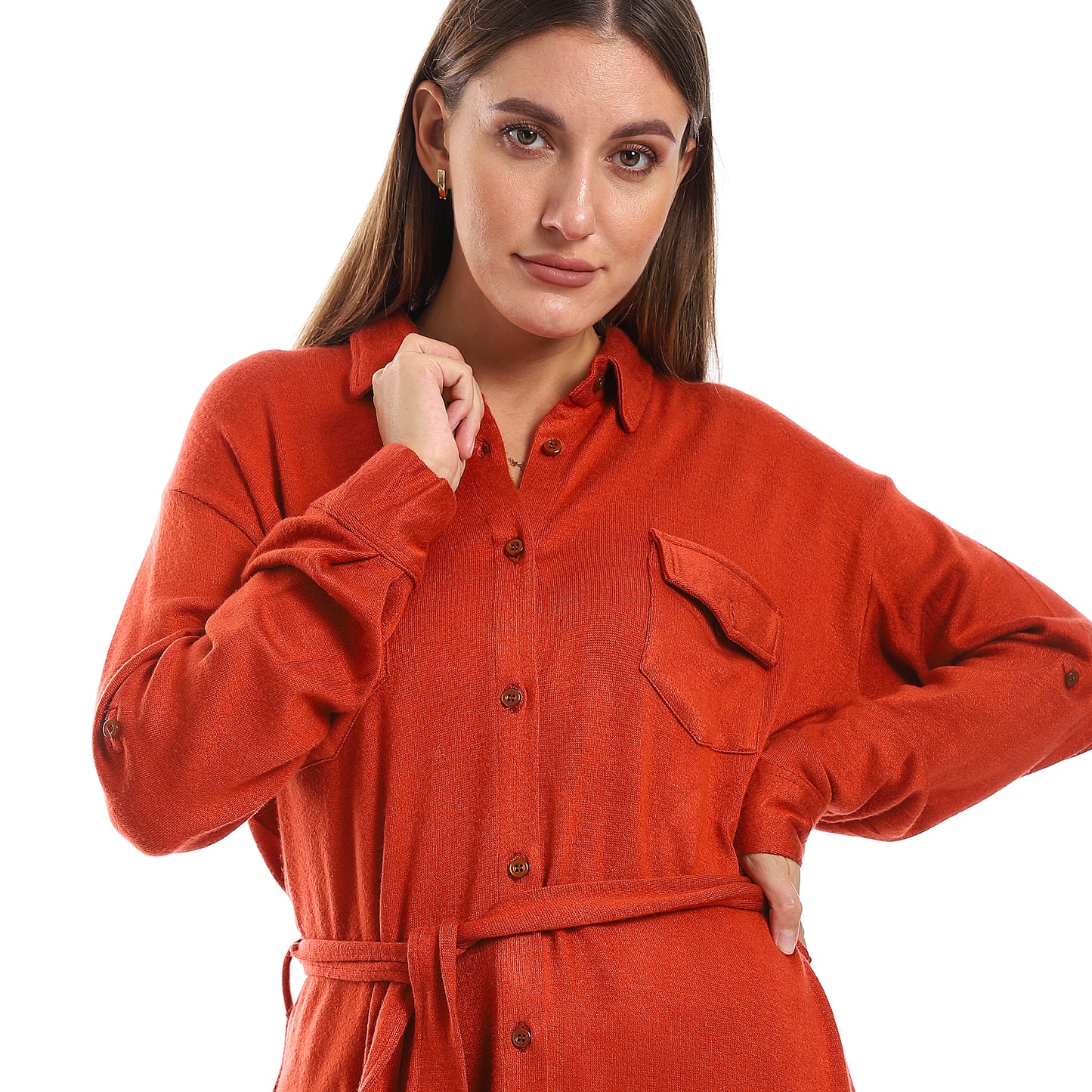 Long Sleeves Buttons Down Closure Belted Shirt